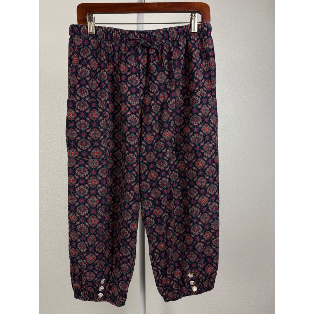 Women's Boho Paisley Print Cropped Harem Pants Festival Button Hem XL Hippie